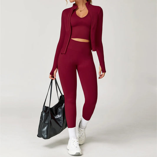 SculptFit 3-Piece Activewear Set – Zip Jacket, V-Neck Sports Bra & High-Rise Leggings