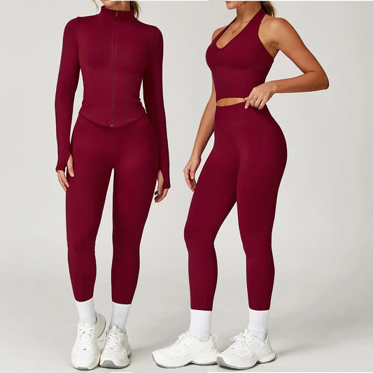 SculptFit 3-Piece Activewear Set – Zip Jacket, V-Neck Sports Bra & High-Rise Leggings
